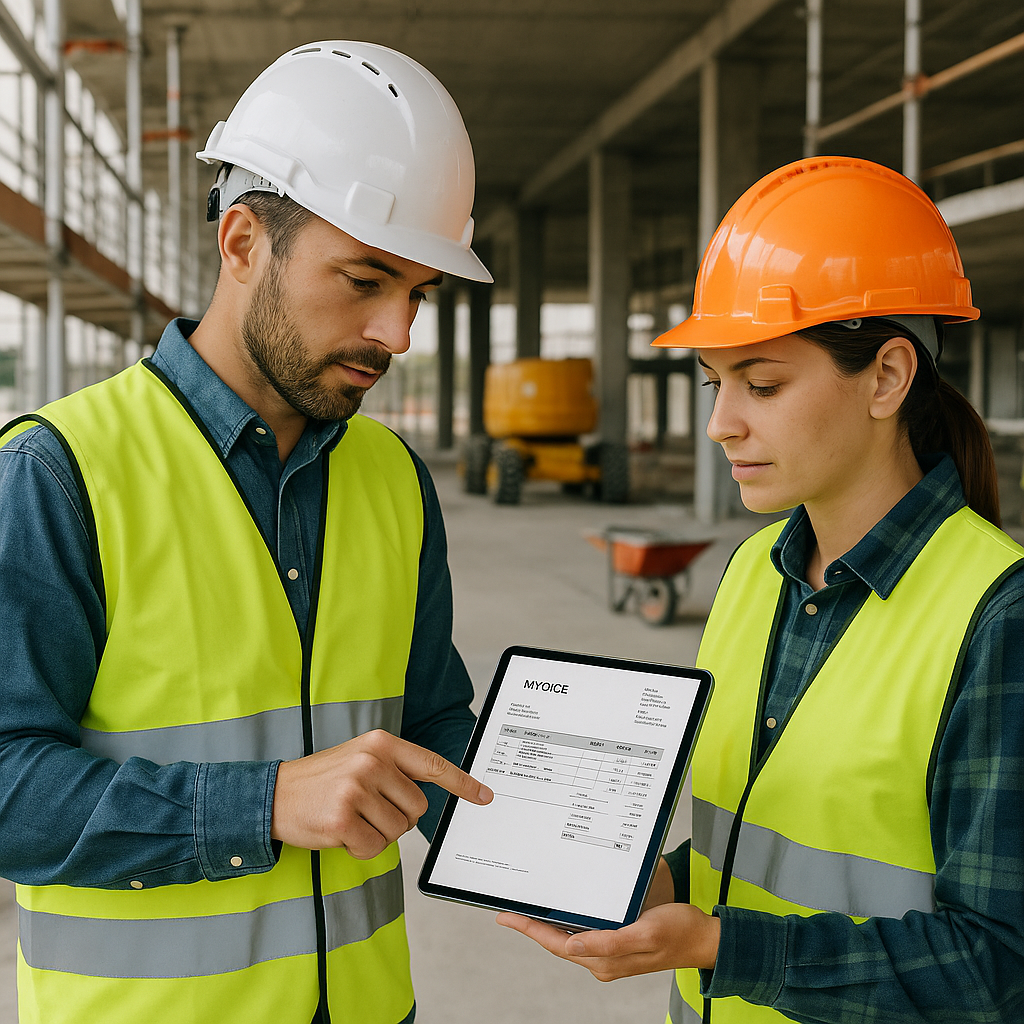 A construction site with workers reviewing invoices on a tablet, surrounded by scaffolding and equipment, emphasizing di...