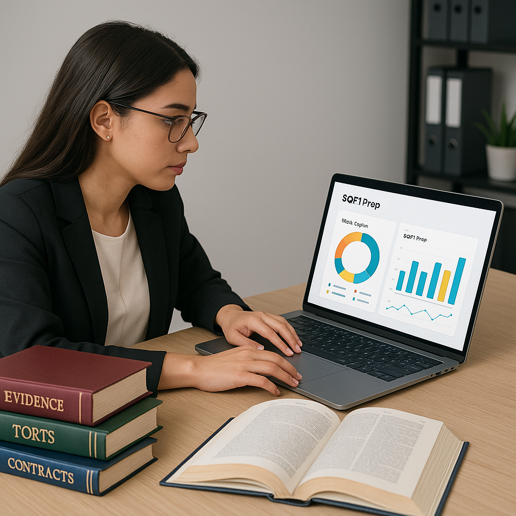A paralegal sitting at a desk, surrounded by legal textbooks, looking at a modern analytics dashboard on a laptop, highl...