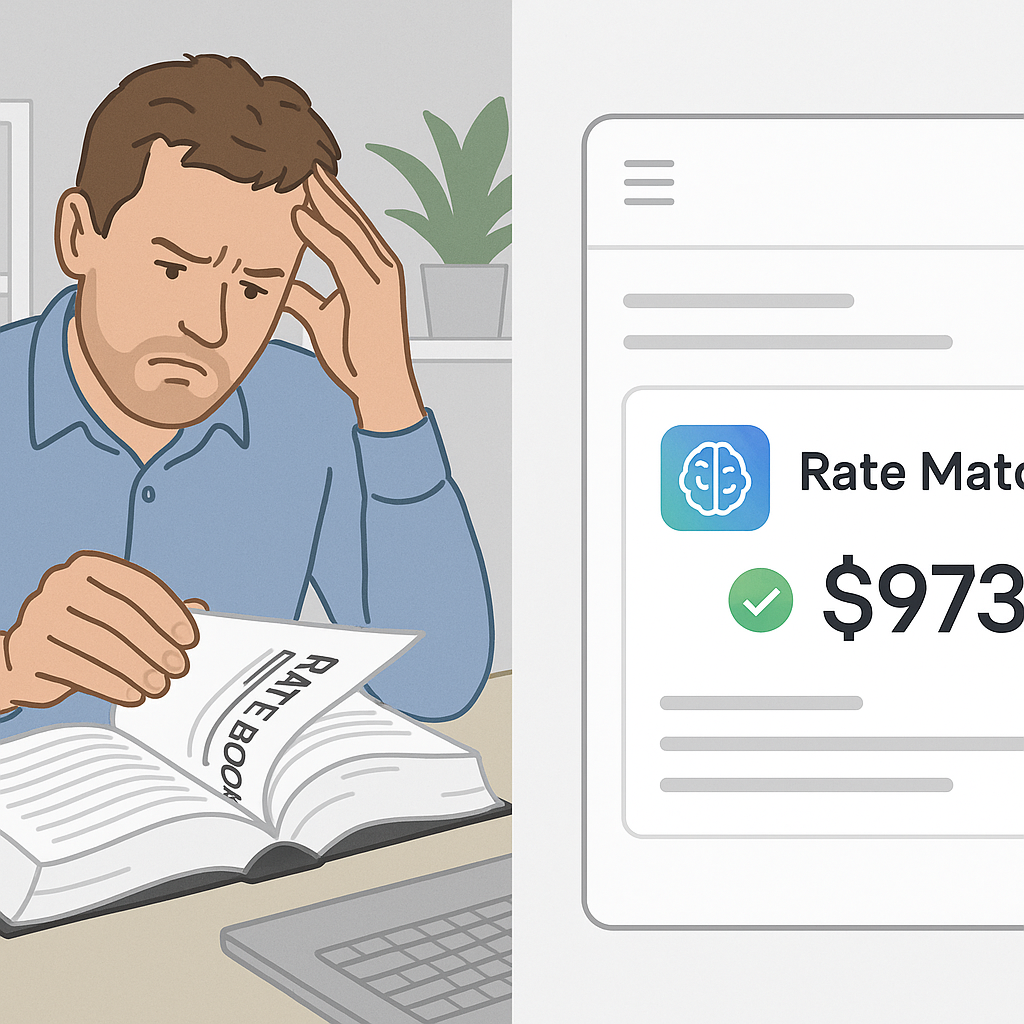 A split-screen image: on the left, a frustrated estimator flipping through a thick rate book; on the right, a clean, mod...
