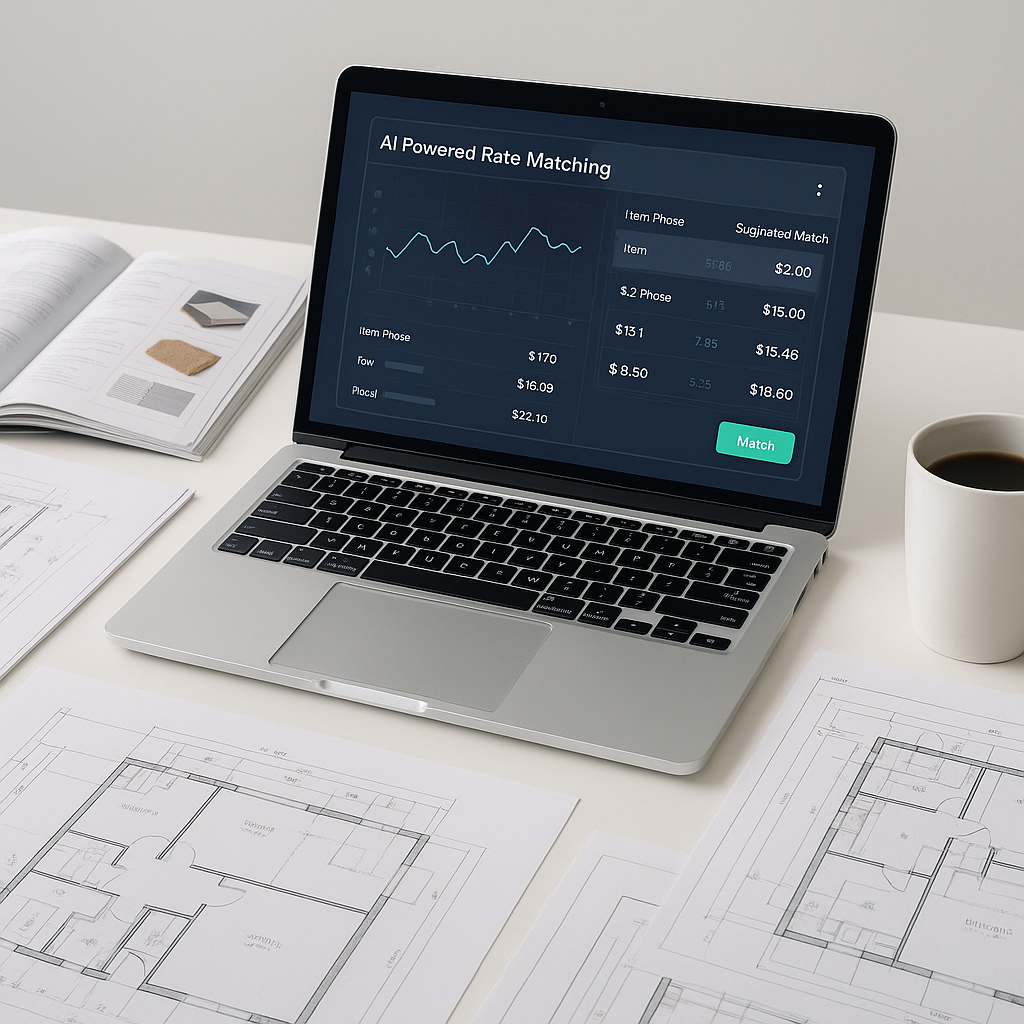 A modern construction estimator's desk with a laptop showing AI-powered rate matching software, surrounded by blueprints...