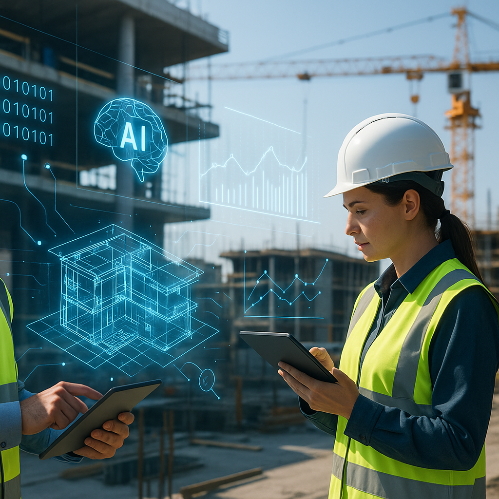 A modern construction site with engineers using tablets to view digital blueprints, overlaid with futuristic AI visuals...