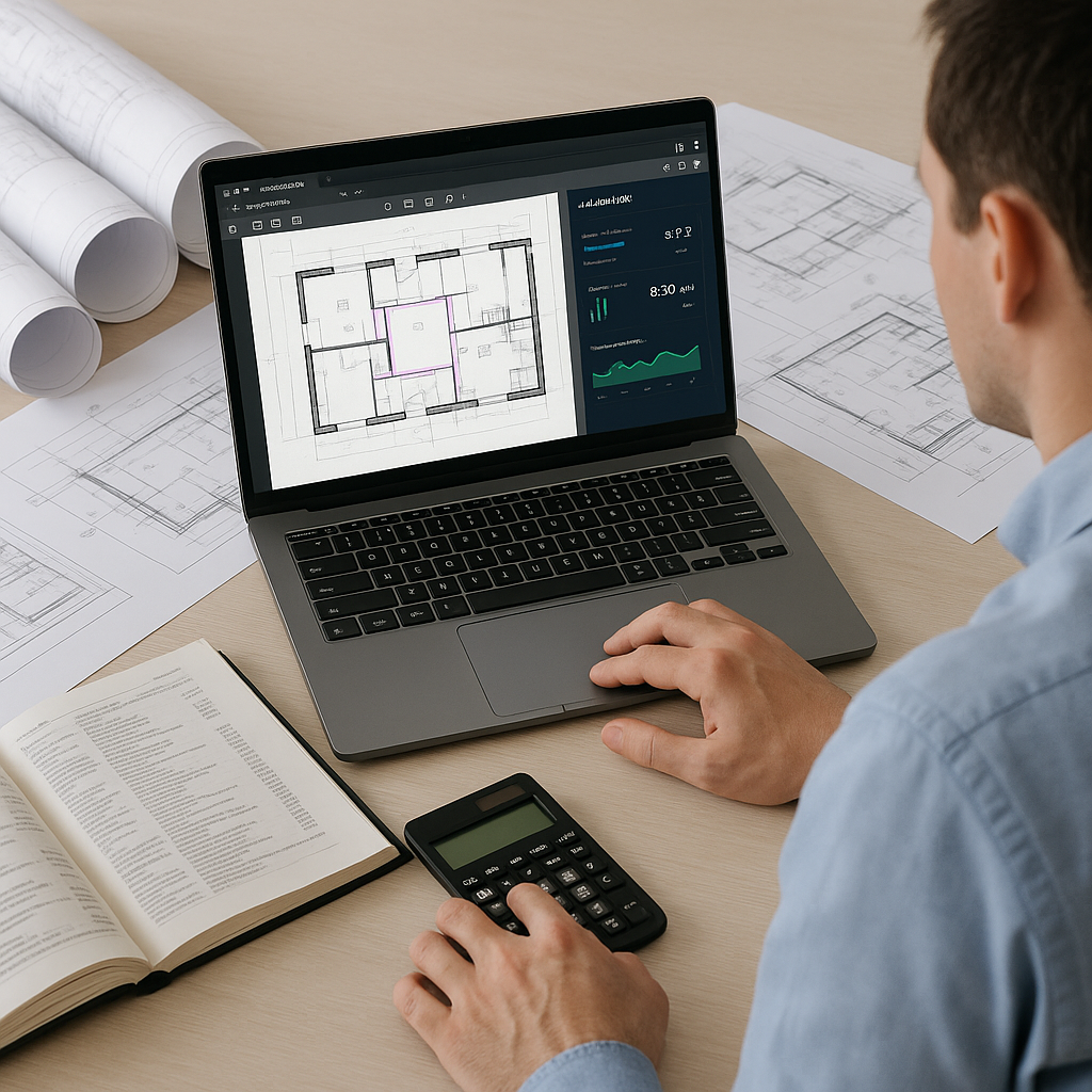 A construction estimator at a desk with a laptop showing AI-powered software analyzing a PDF drawing, surrounded by blue...