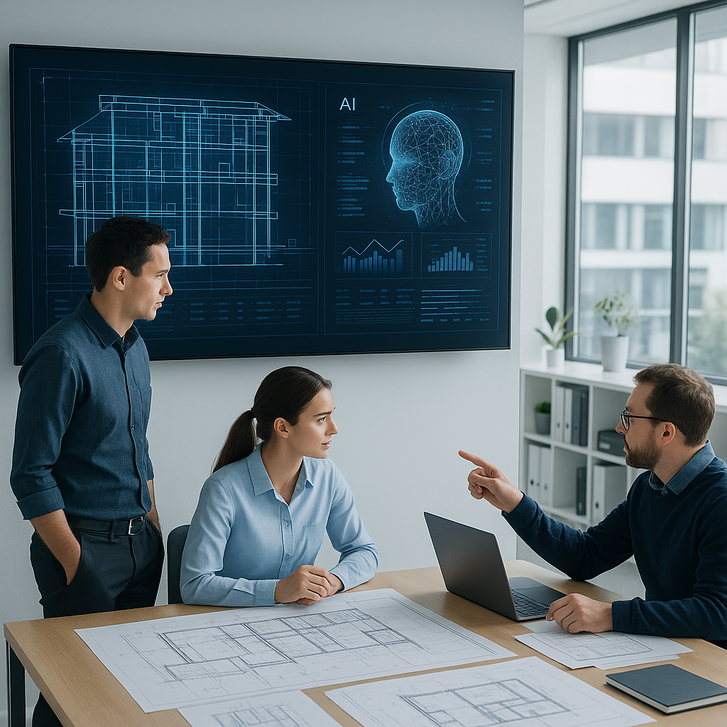A modern construction office with digital blueprints on a large screen, an AI interface analyzing the data in real-time,...