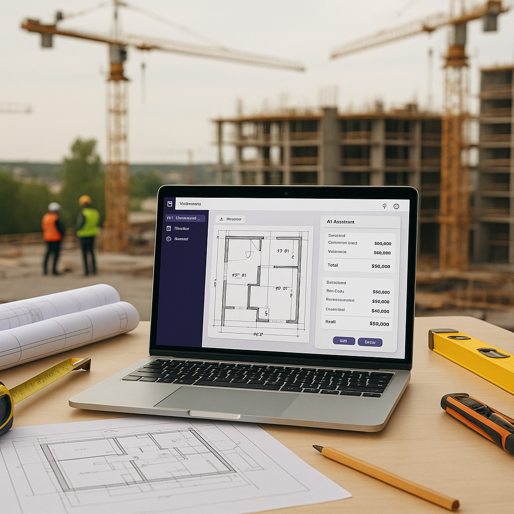 A construction estimator's desk with a mix of tools: a laptop displaying an AI-powered software interface, physical blue...