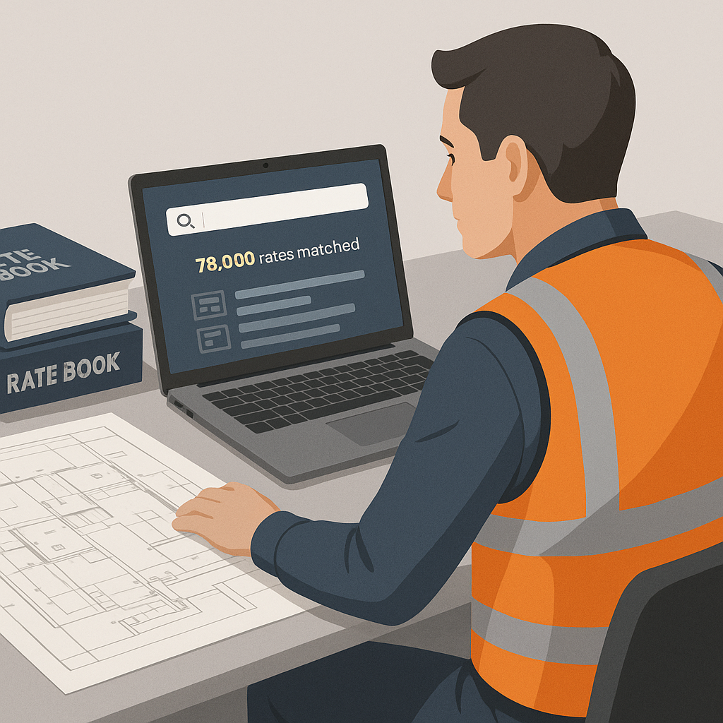 A construction estimator sitting at a desk with a laptop displaying an AI-powered software interface, surrounded by larg...