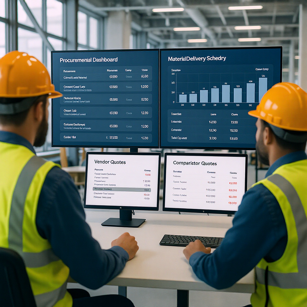 A construction site office with digital procurement dashboards on screens, workers reviewing material delivery schedules...