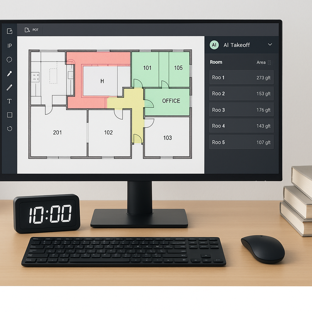 A preconstruction estimator's desk showing AI software automating takeoffs from a PDF, with a timer showing '10:00' and...
