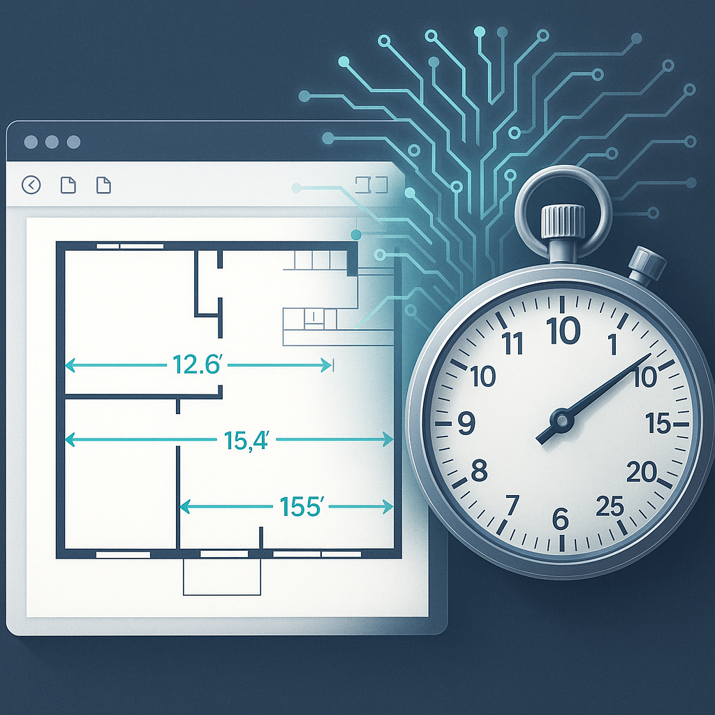 A detailed image of an AI-powered construction estimation process: a digital interface showing a PDF drawing with highli...