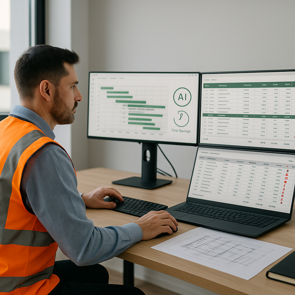 A construction estimator at a desk with multiple screens displaying an AI-powered bid leveling tool, highlighting time s...