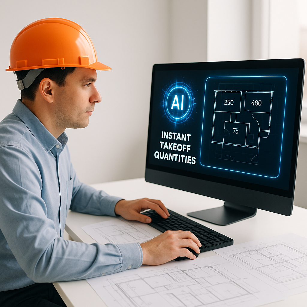 A construction estimator at a desk surrounded by paper drawings, with a glowing AI interface on their screen showing ins...