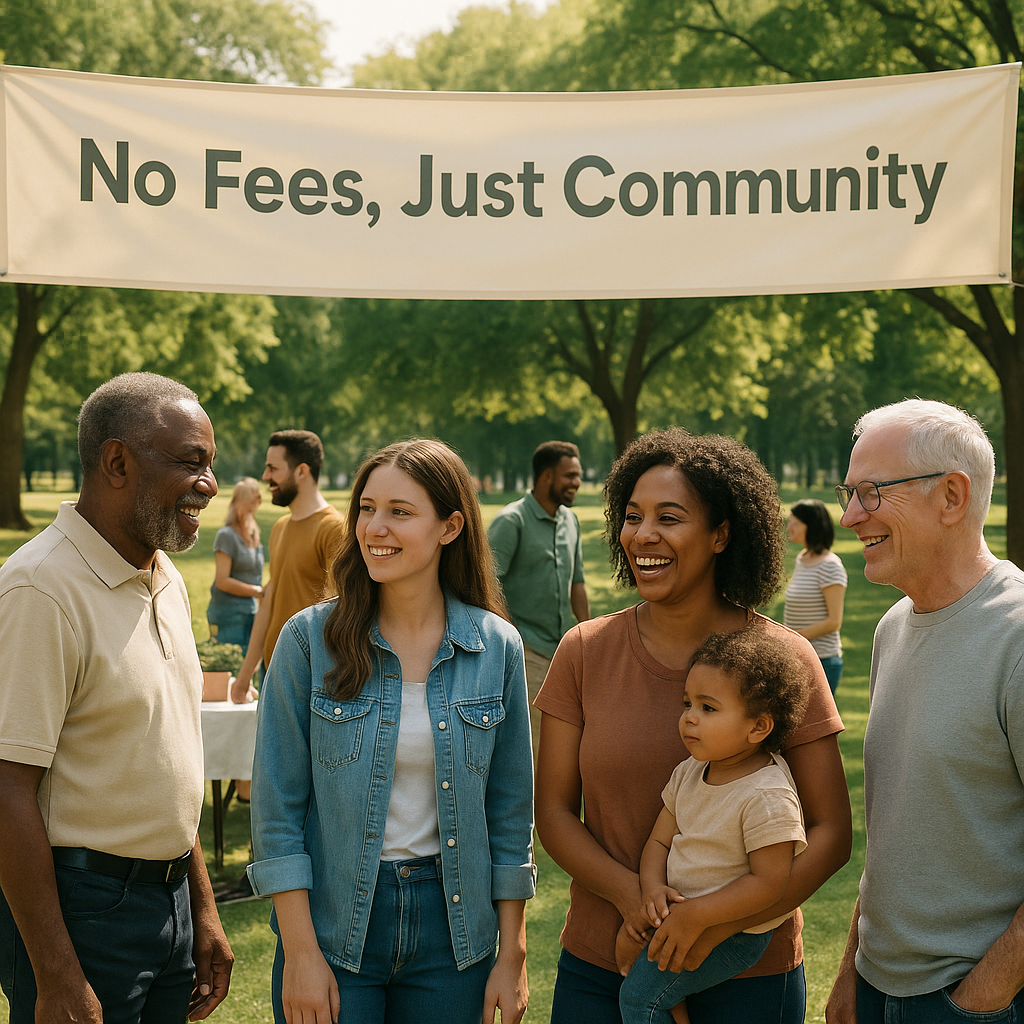 A community event with diverse attendees of various ages, featuring a banner that reads 'No Fees, Just Community' in a w...