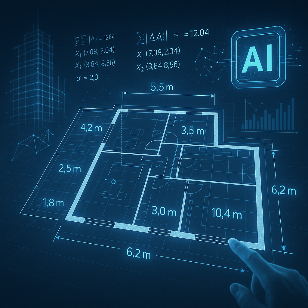 A futuristic construction blueprint being analyzed by a digital interface, with highlighted dimensions and AI calculatio...