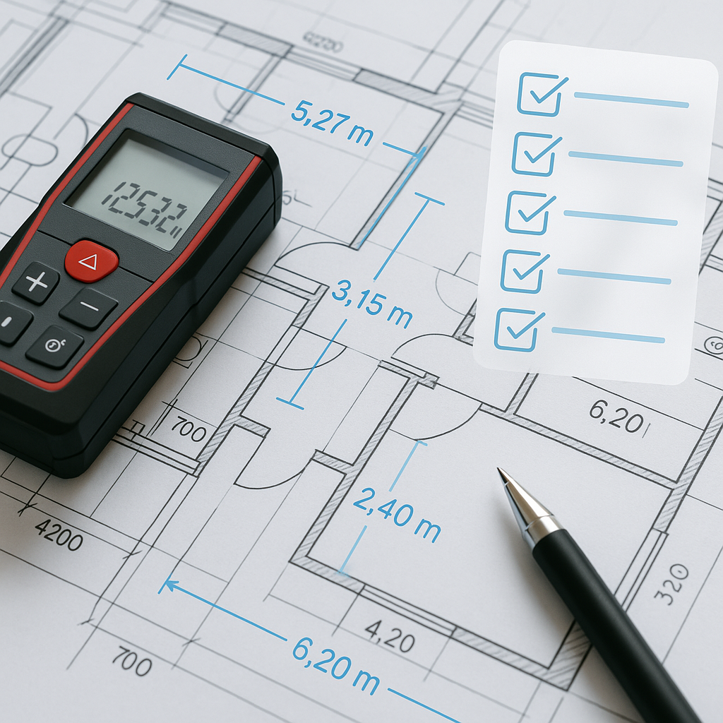 A realistic image of construction blueprints overlaid with digital measurement tools, AI-generated annotations, and a ch...