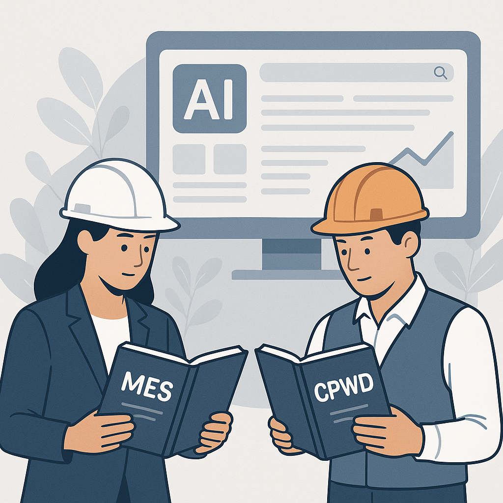 An illustration of two construction estimators comparing MES and CPWD rate books, with a modern AI tool interface in the...