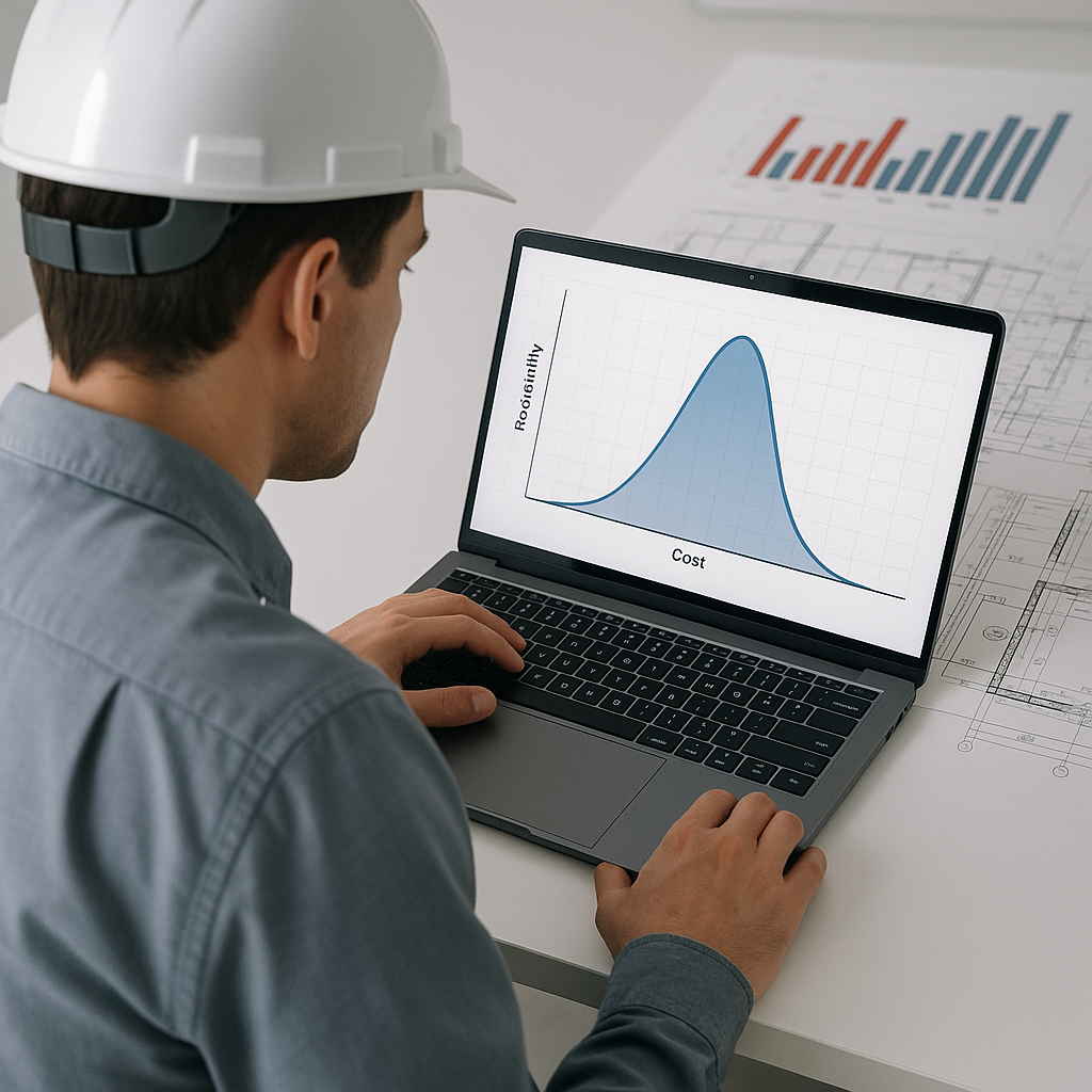 A construction estimator reviewing a probability curve on a laptop screen, with material cost charts and project drawing...