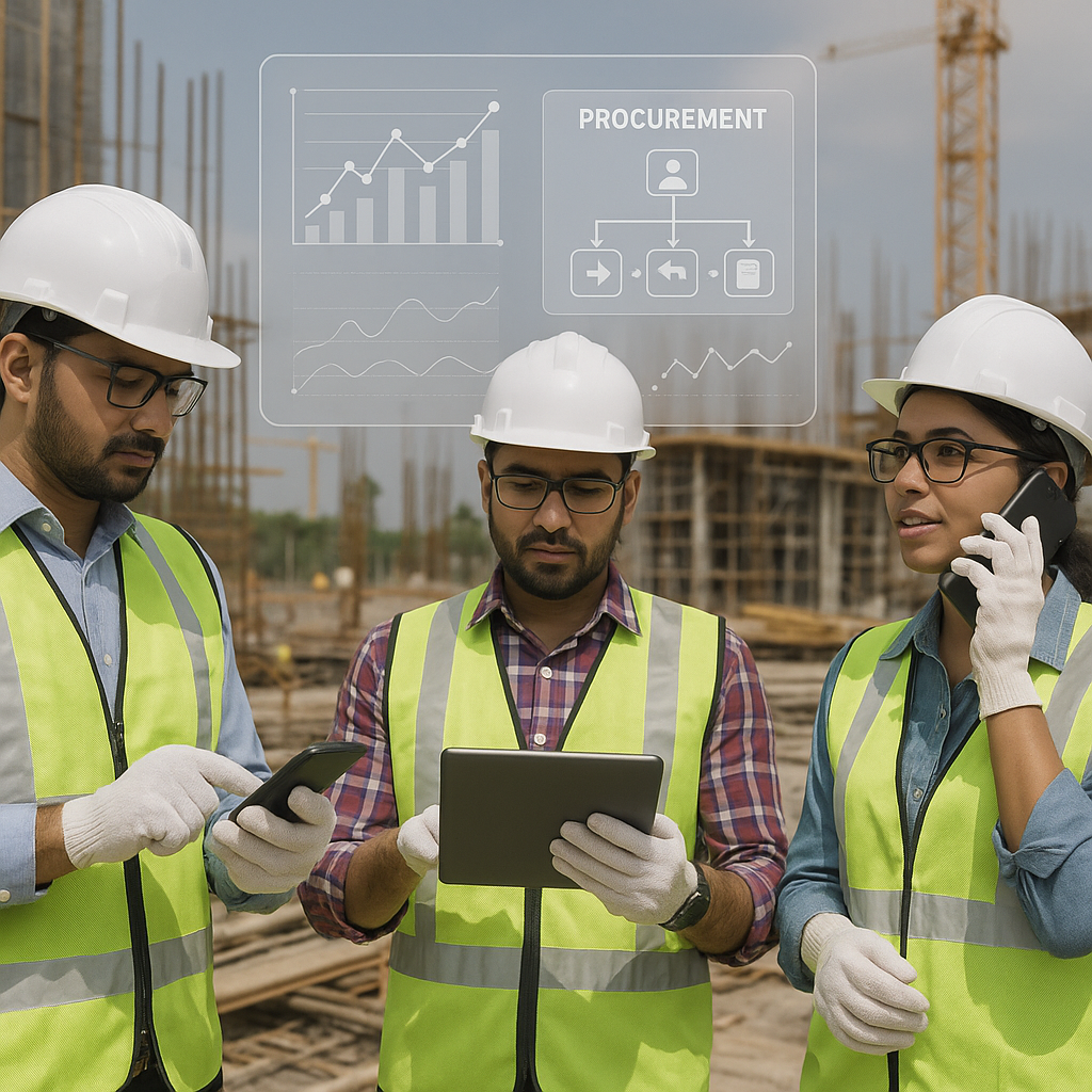 An Indian construction site with workers using tablets and phones to manage procurement, overlaid with digital charts an...