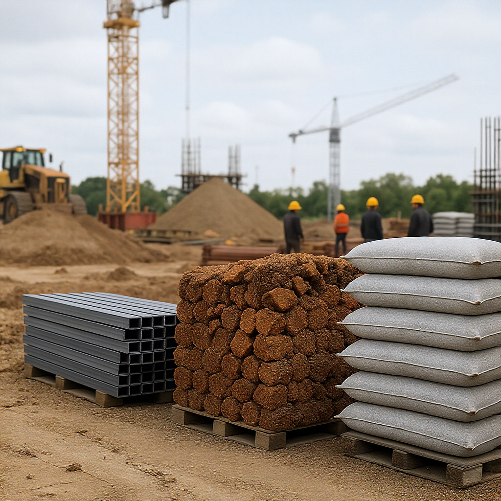 A construction site with neatly stacked bulk materials (steel, cement bags) in the foreground, showing organized procure...