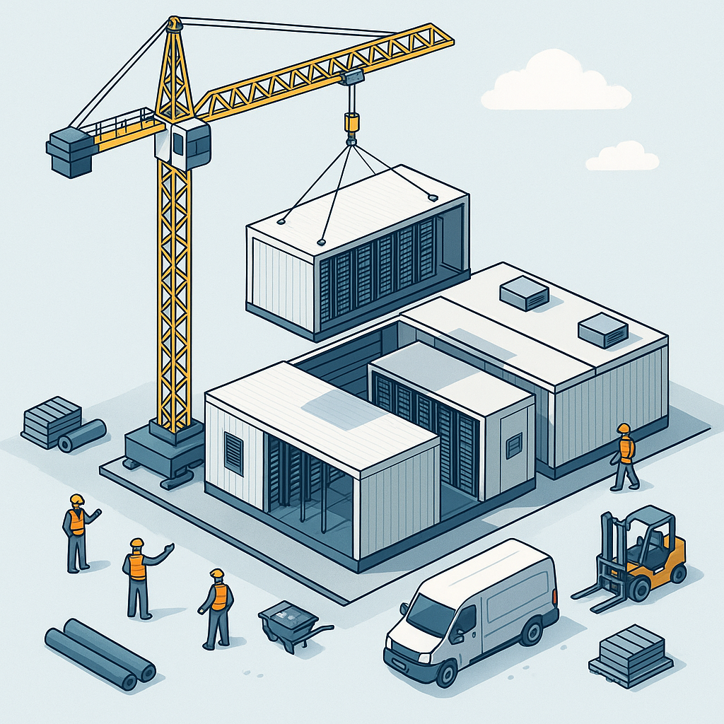 A detailed illustration of a modular data center under construction, with prefabricated sections being lifted into place...