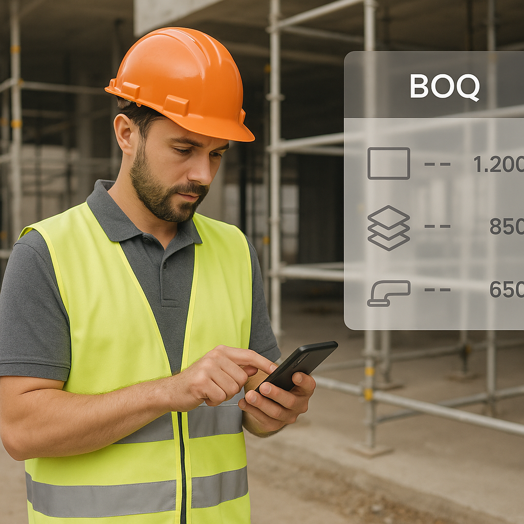 A contractor using a mobile app to input construction data at a job site, with visible scaffolding and digital BOQ eleme...