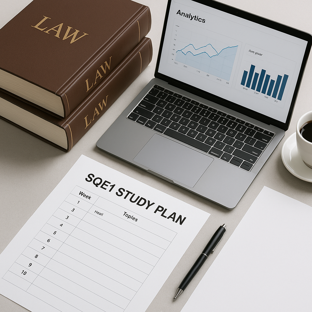 A flat-lay image of a desk with law books, a laptop showing analytics graphs, and a printed SQE1 study plan PDF.