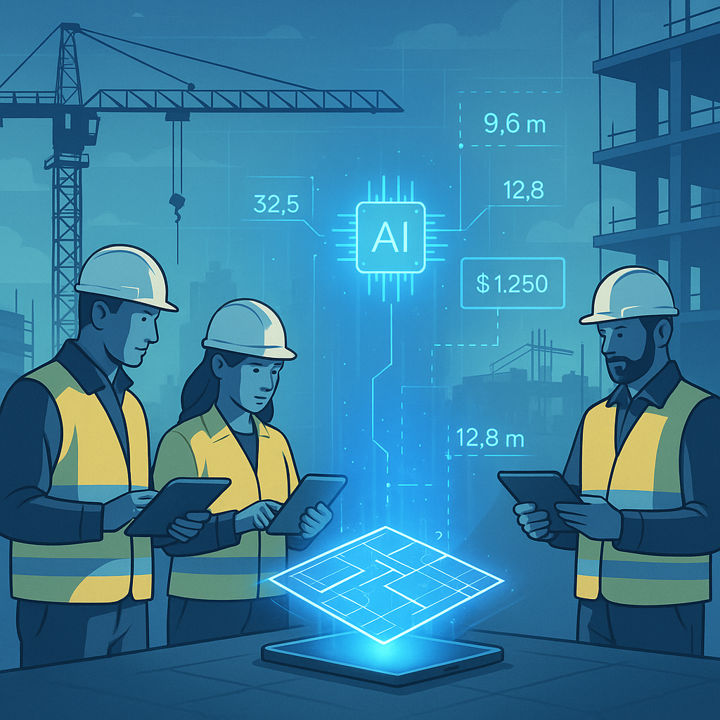 A futuristic construction site with workers using tablets, a glowing AI-powered tool analyzing blueprints, and a digital...