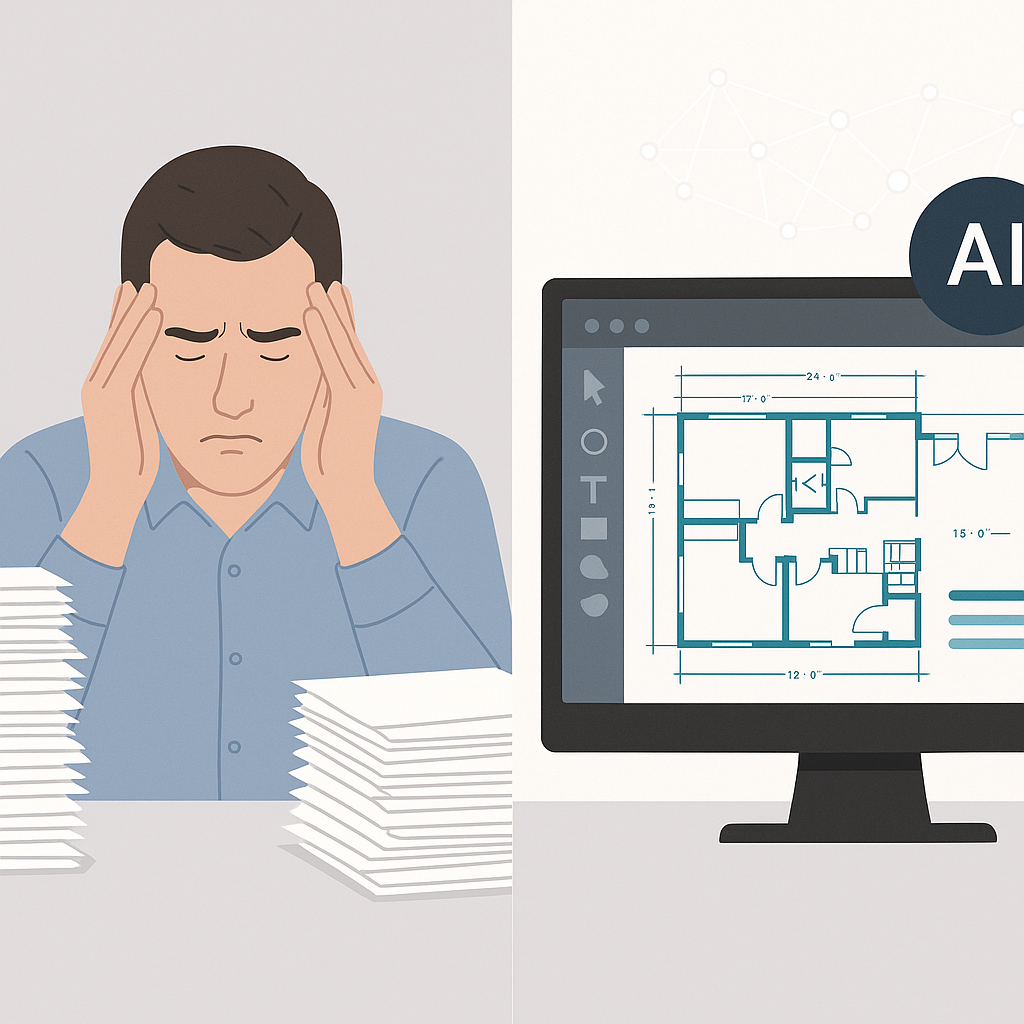 A split-screen image showing a frustrated estimator with stacks of paper on one side and an AI-powered software interfac...