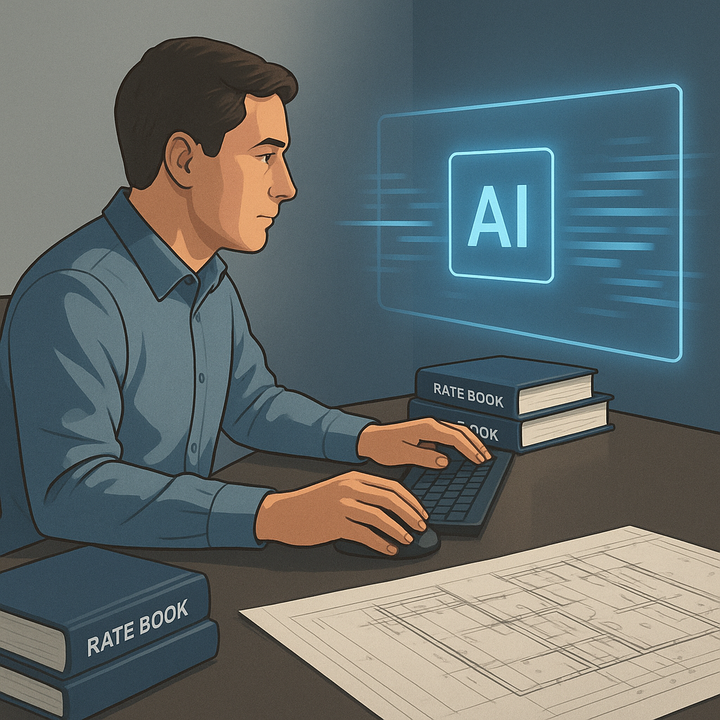 A realistic illustration showing an estimator at a desk with a glowing AI-powered software interface, surrounded by rate...