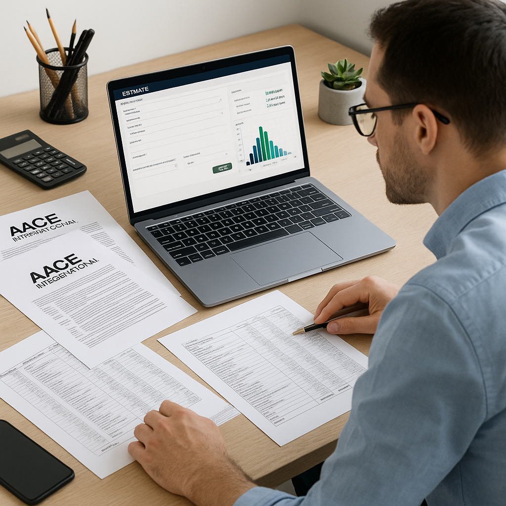 A construction estimator working on a cluttered desk with printed AACE PDFs, Excel sheets, and a laptop showing a modern...