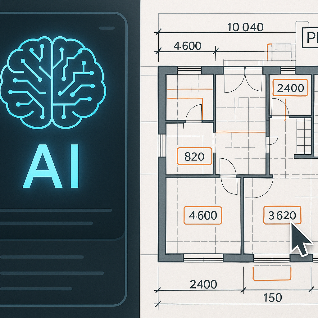 A close-up of an AI interface analyzing a complex construction blueprint PDF, with highlighted dimensions and annotation...