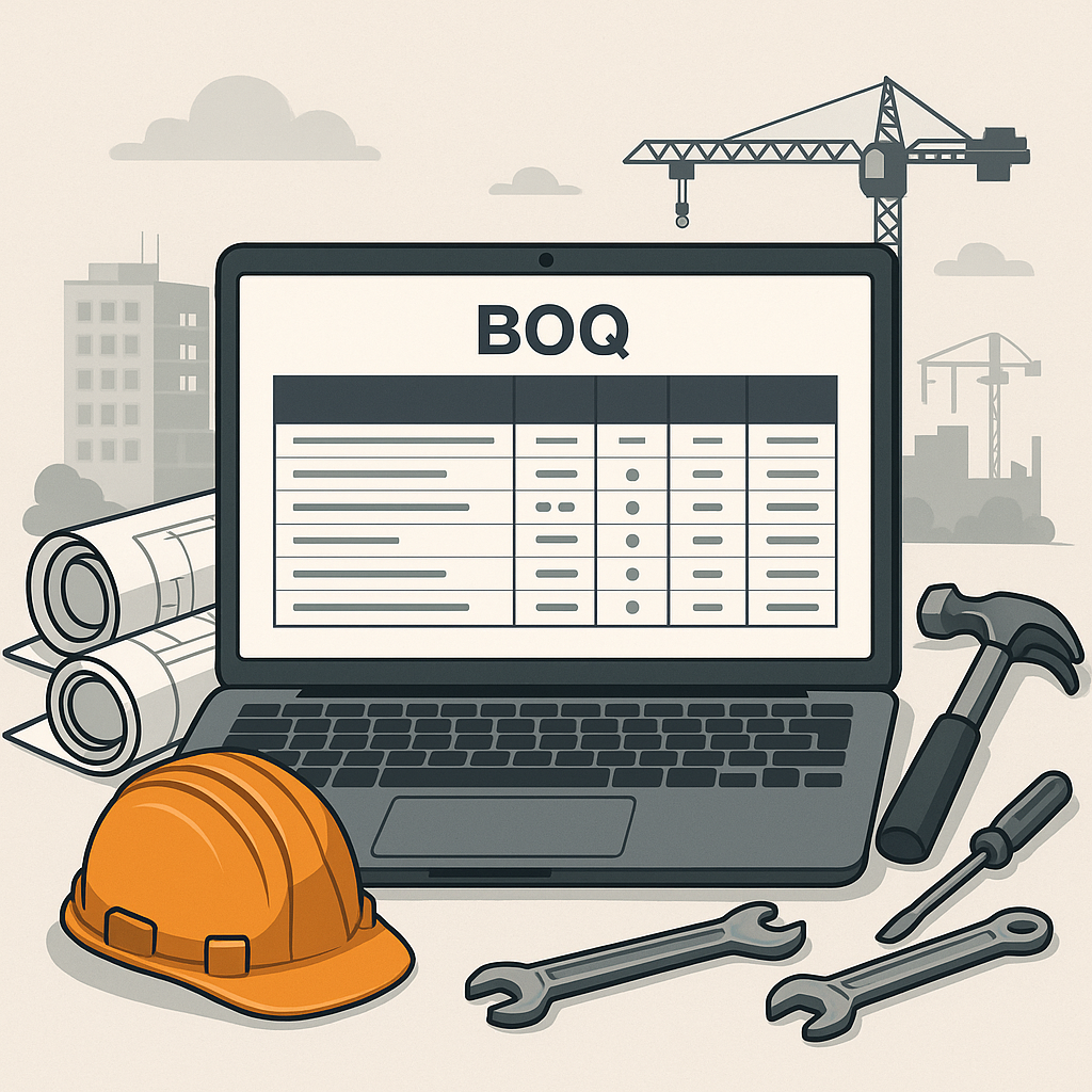 A detailed illustration of a BOQ template on a laptop screen, surrounded by construction site elements like blueprints,...