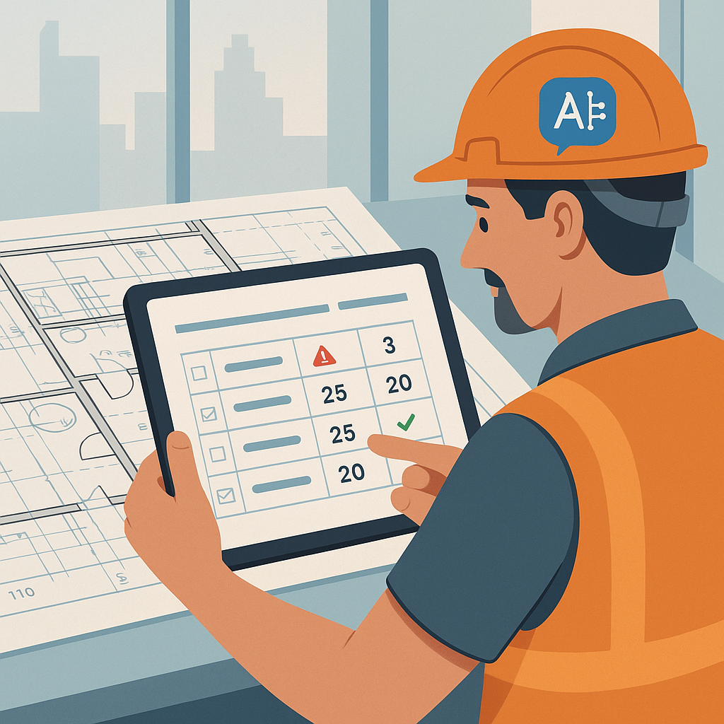 An illustration of a contractor using AI-powered software on a tablet to review detailed construction blueprints. The sc...