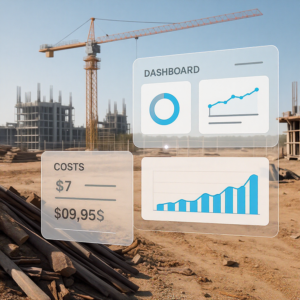A construction project site with overlay graphics of real-time dashboards and cost tracking, emphasizing data insights.