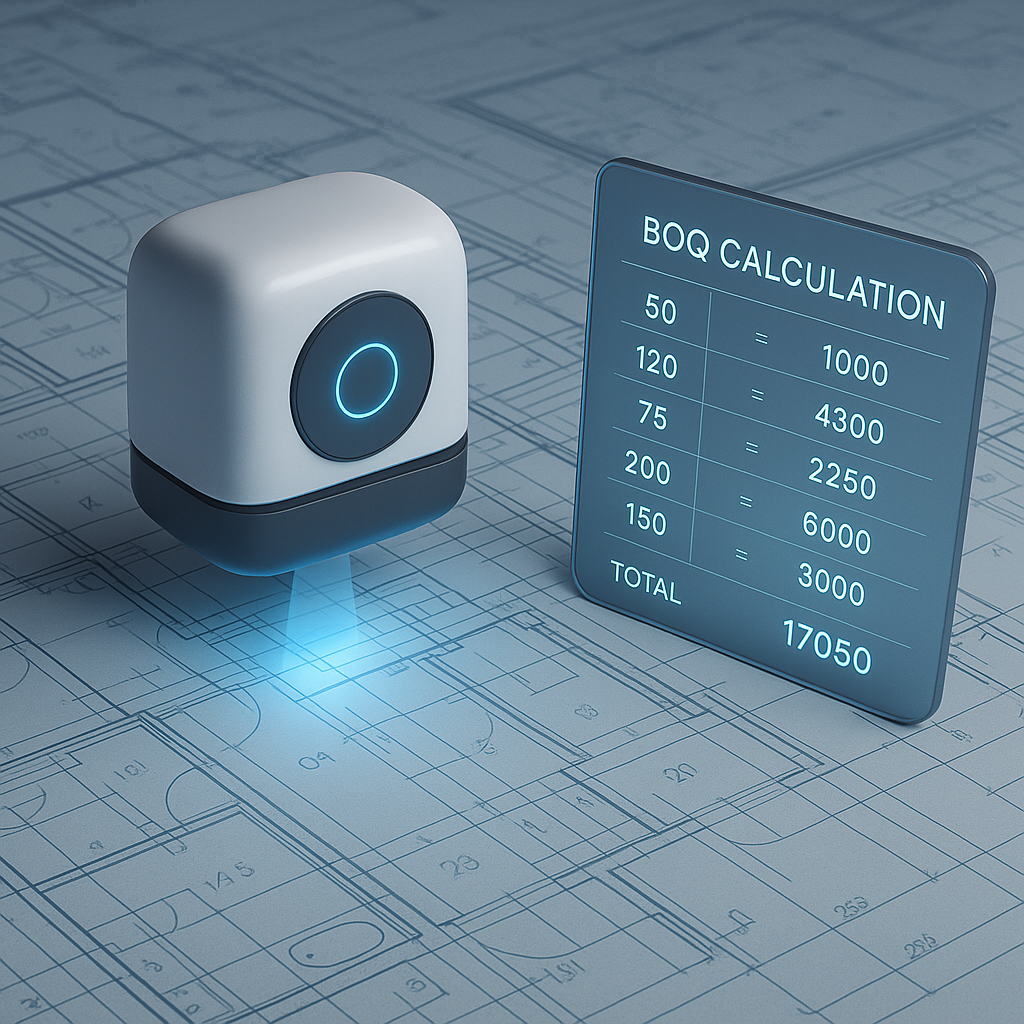 A detailed image showing construction blueprints being scanned by a futuristic AI tool, with real-time BOQ calculations...