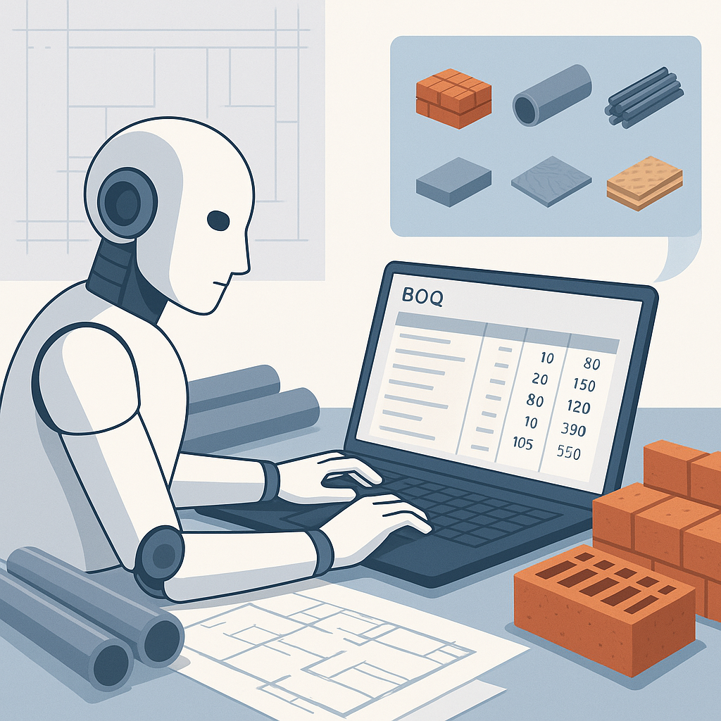 An AI-driven construction estimator analyzing a BOQ on a laptop, surrounded by materials like pipes, bricks, and bluepri...