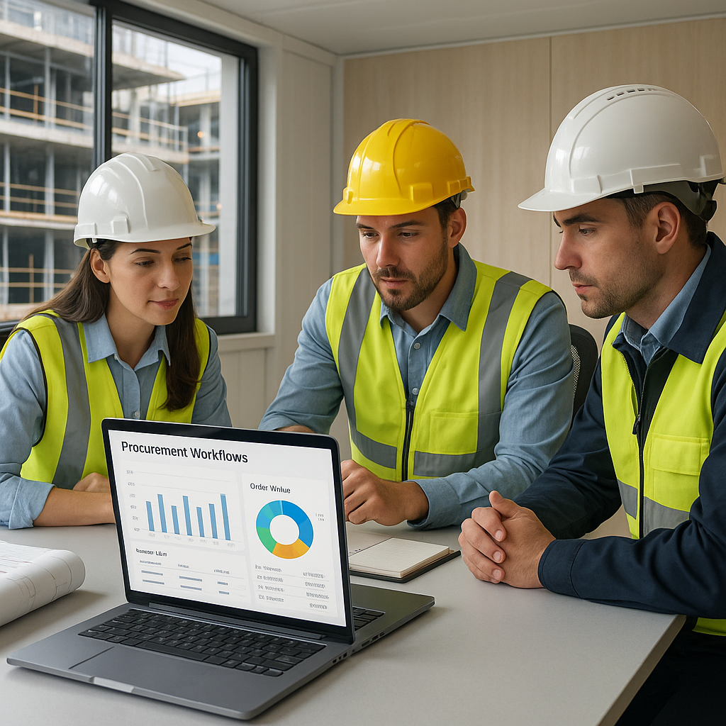 A construction site office showing a team reviewing procurement workflows on an ERP dashboard, with charts and vendor de...