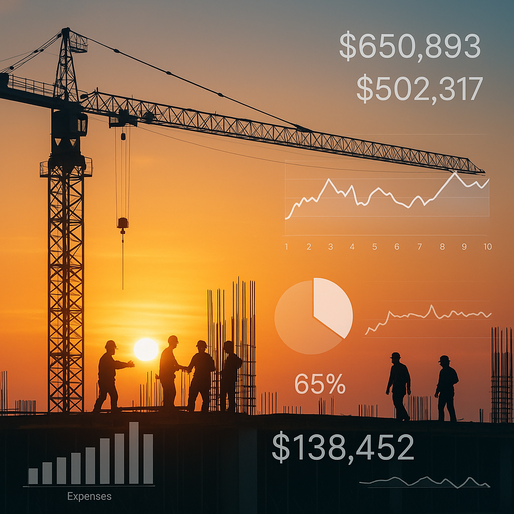 A construction site at sunset, with cranes and workers, overlaid with charts and analytics numbers representing project...
