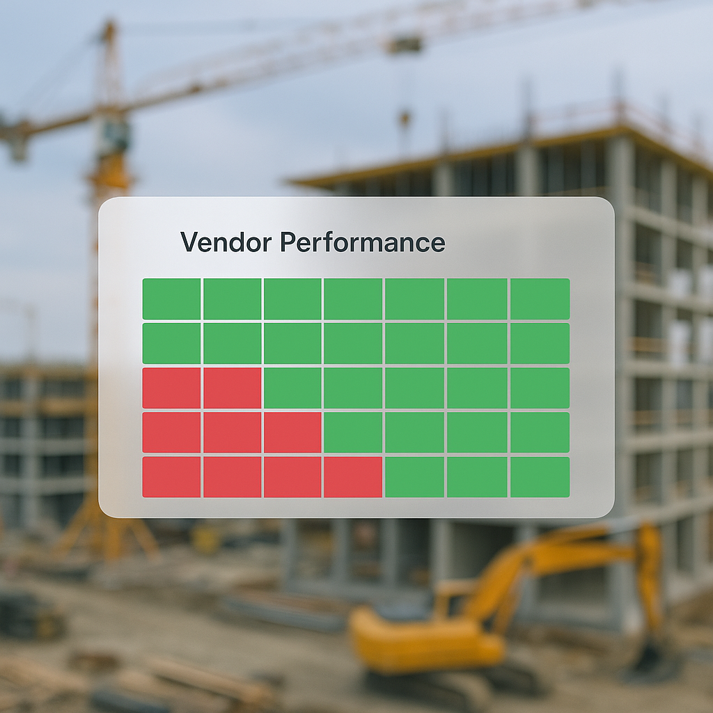 A heatmap-style vendor performance dashboard for construction, showing on-time delivery rates with green and red cells,...
