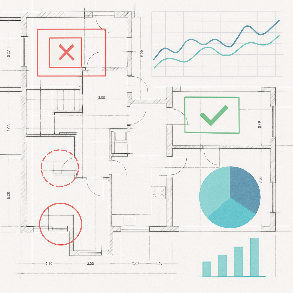 A construction site blueprint with AI-generated annotations highlighting errors and corrections, overlayed with data vis...