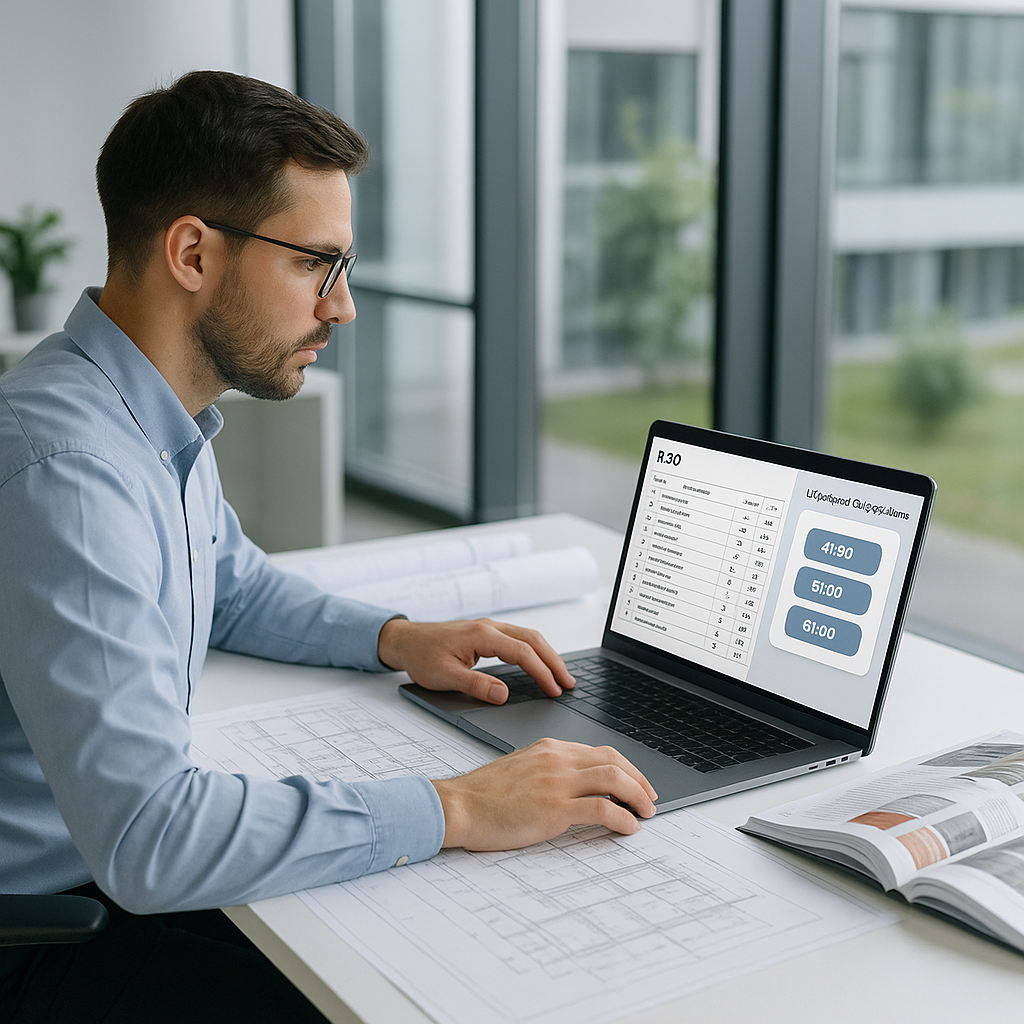 A cost engineer in a modern office, comparing a BOQ on a laptop with AI-powered rate suggestions, surrounded by construc...
