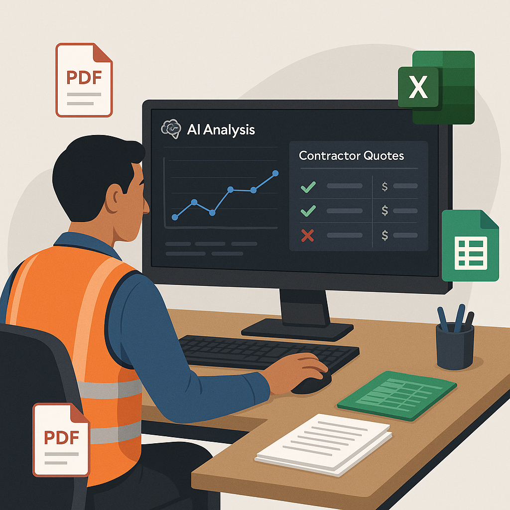A detailed illustration of a construction estimator at a desk, with AI-powered software analyzing contractor quotes on a...