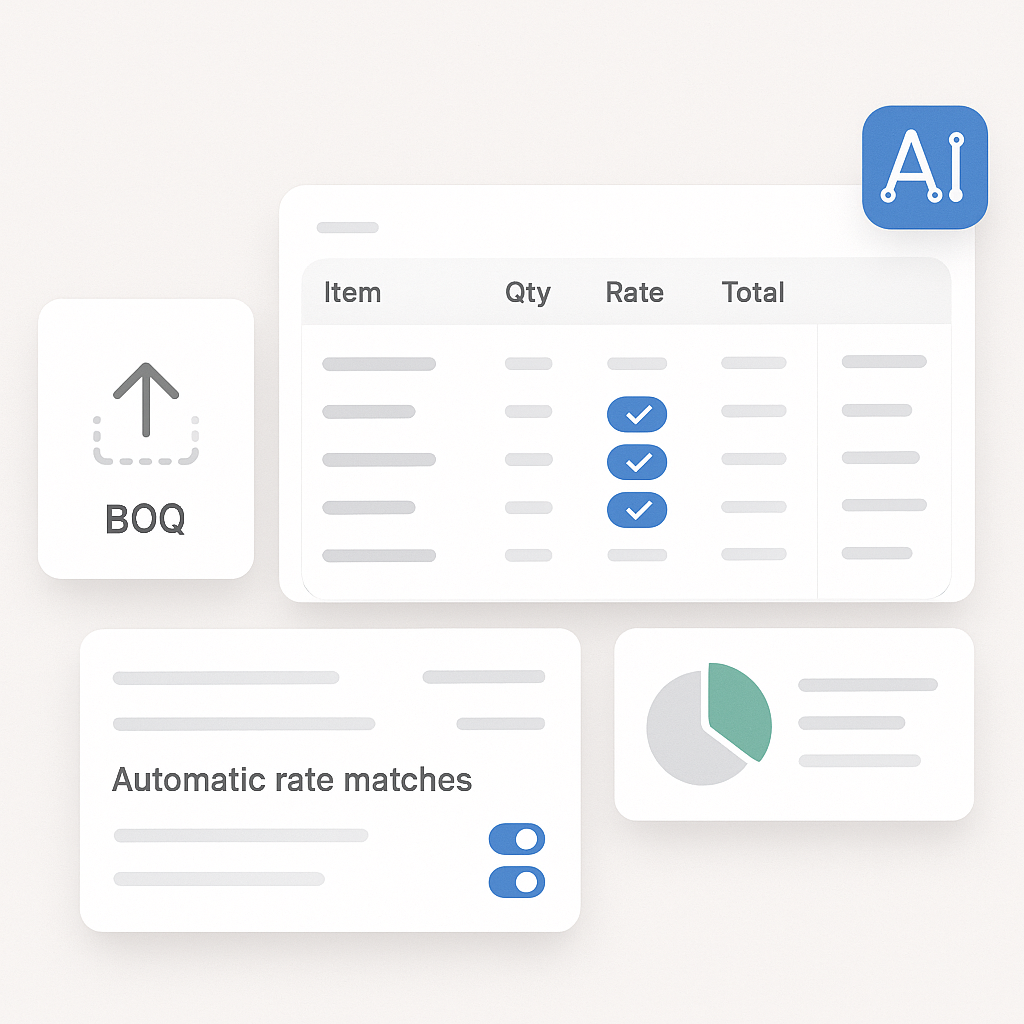 An AI-powered construction estimation software interface showing a BOQ upload, automatic rate matches, and a time-saving...