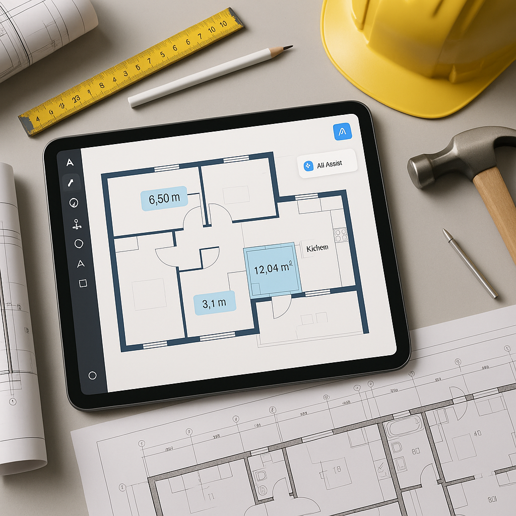 An AI-powered construction software interface showing a digital blueprint with auto-calculated measurements highlighted,...