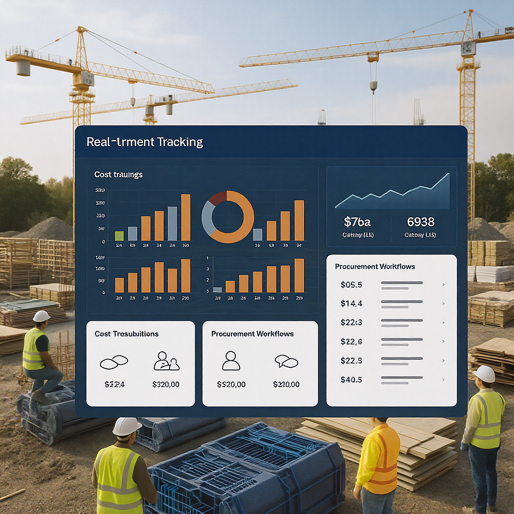 A modern construction site with workers, cranes, and materials, overlaid with a digital dashboard showing real-time cost...