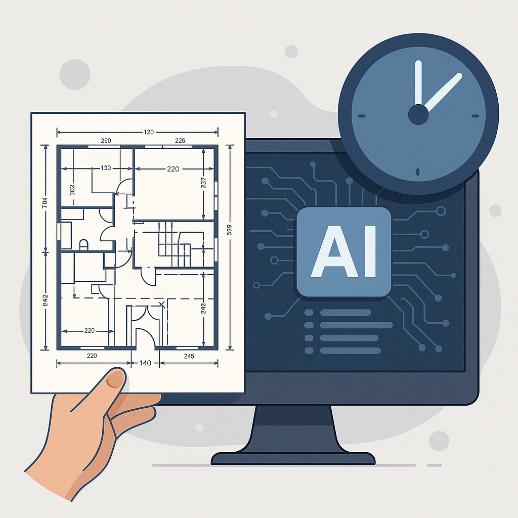 A professional illustration showing AI software analyzing a detailed construction blueprint, with a clock symbol indicat...