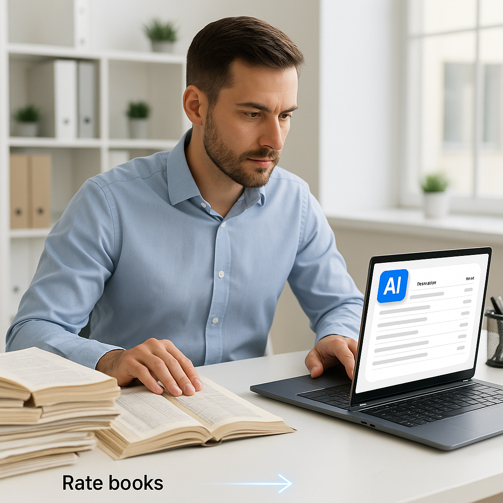 A construction estimator in a clean office, comparing a cluttered desk with paper rate books on one side and a sleek lap...