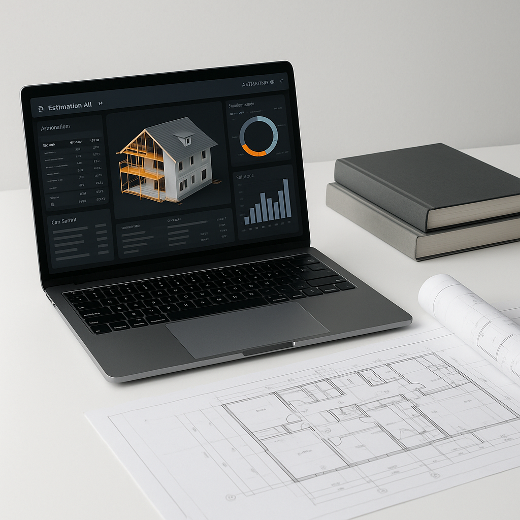 A clean, modern design of a construction estimator's desk: AI software open on a laptop, rate catalogs stacked to the si...