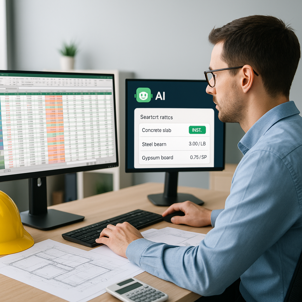 A construction estimator at their desk, with one screen showing a cluttered spreadsheet and another displaying an AI-pow...