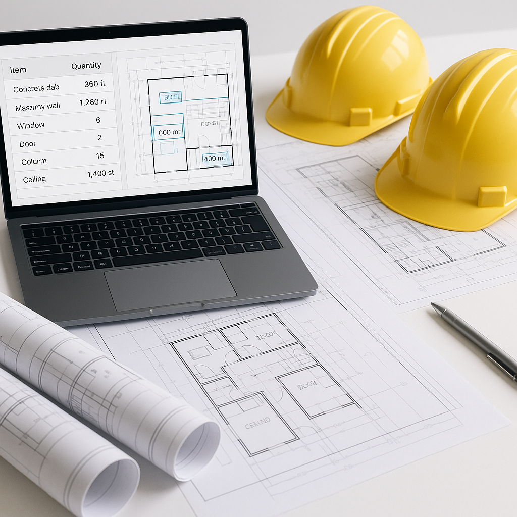 An AI-driven construction estimation workflow, showing a digital interface extracting quantities from PDF drawings along...