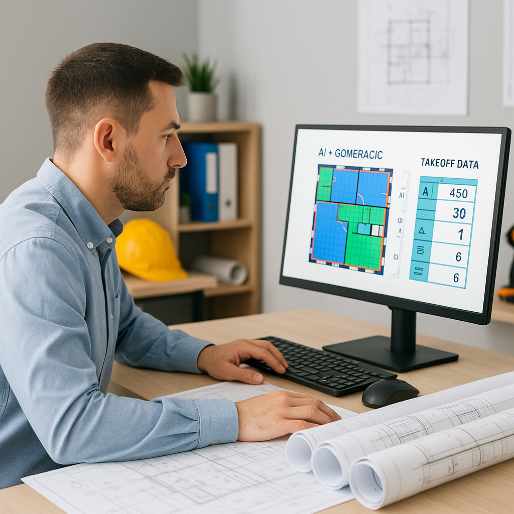 A construction estimator sitting at a desk with a stack of blueprints and a computer screen showing AI-generated takeoff...