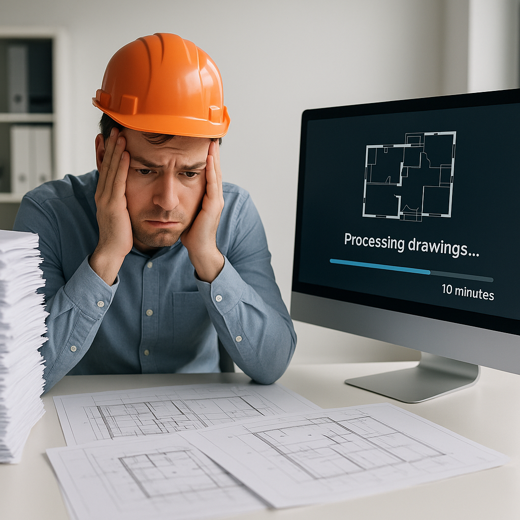 A construction estimator sitting at a desk looking overwhelmed by stacks of paper drawings, while a sleek computer scree...